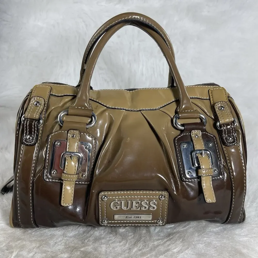 GUESS Patent Leather Satchel Shoulder Bag Brown Tan Logo Purse W015017